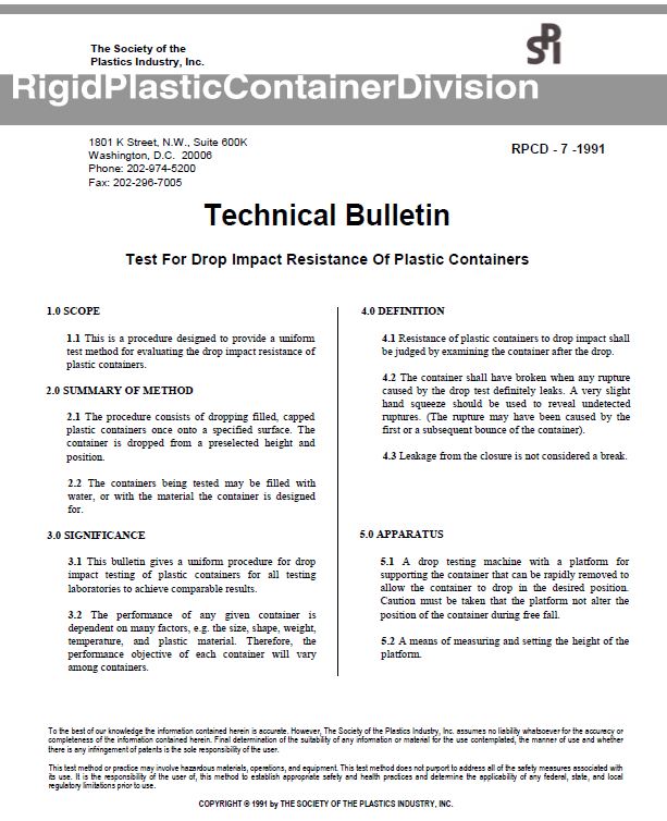 BJ-108 Test for Drop Impact Resistance of Plastic Containers