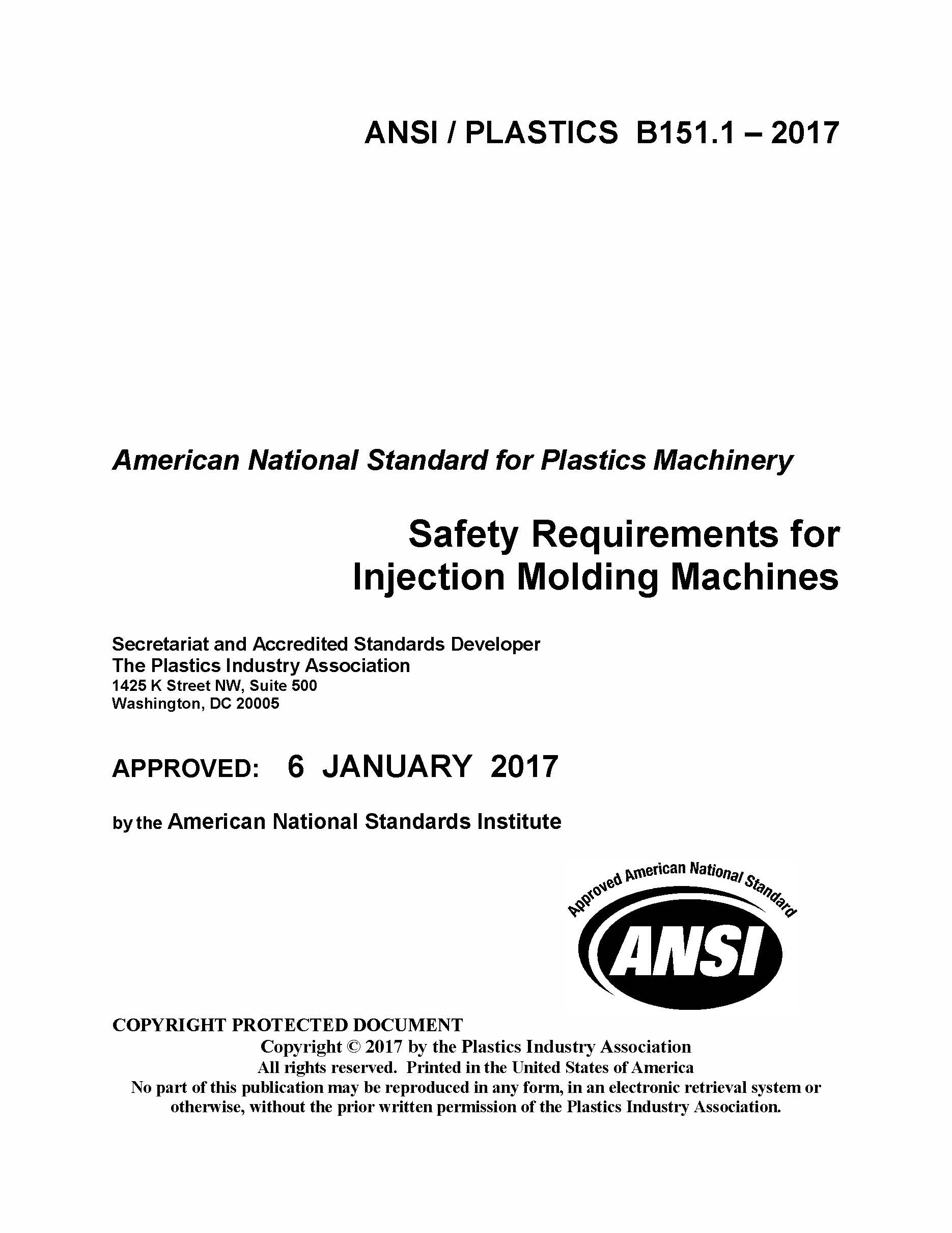 ANSI/PLASTICS B151.1-2017 Safety Requirements for IMM