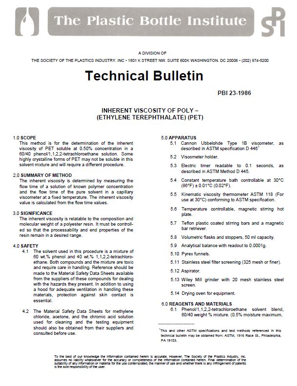 Test Inherent Viscosity of Poly Ethylene Terephthalate (PET)