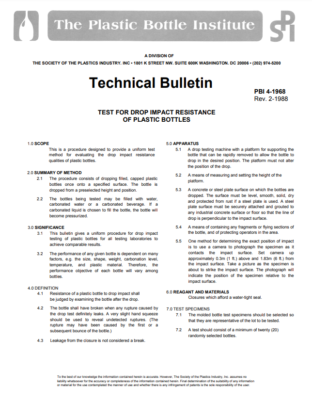 Test for Drop Impact Resistance of Plastic Bottles